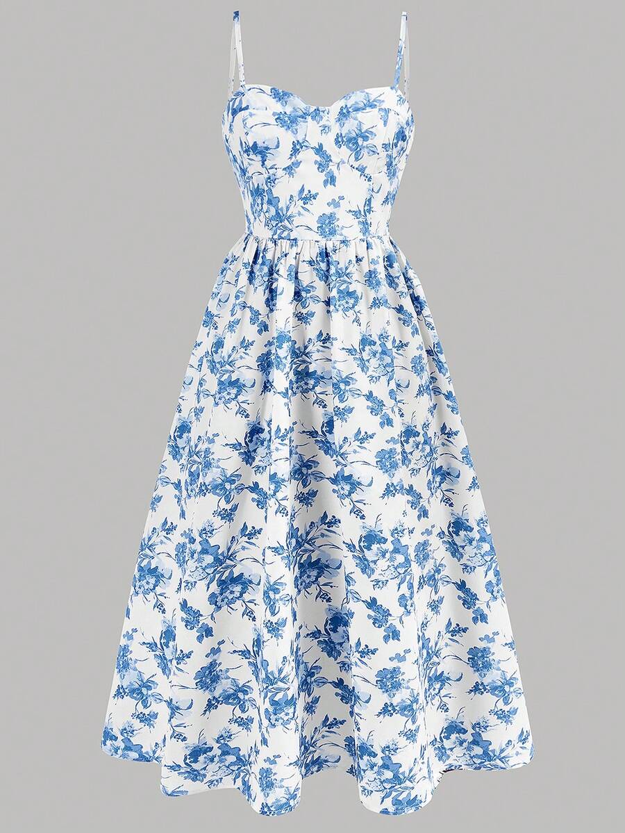 Tween girls apricot polka dot long cami dress with shoulder straps, high waist, and flared A-line skirt.