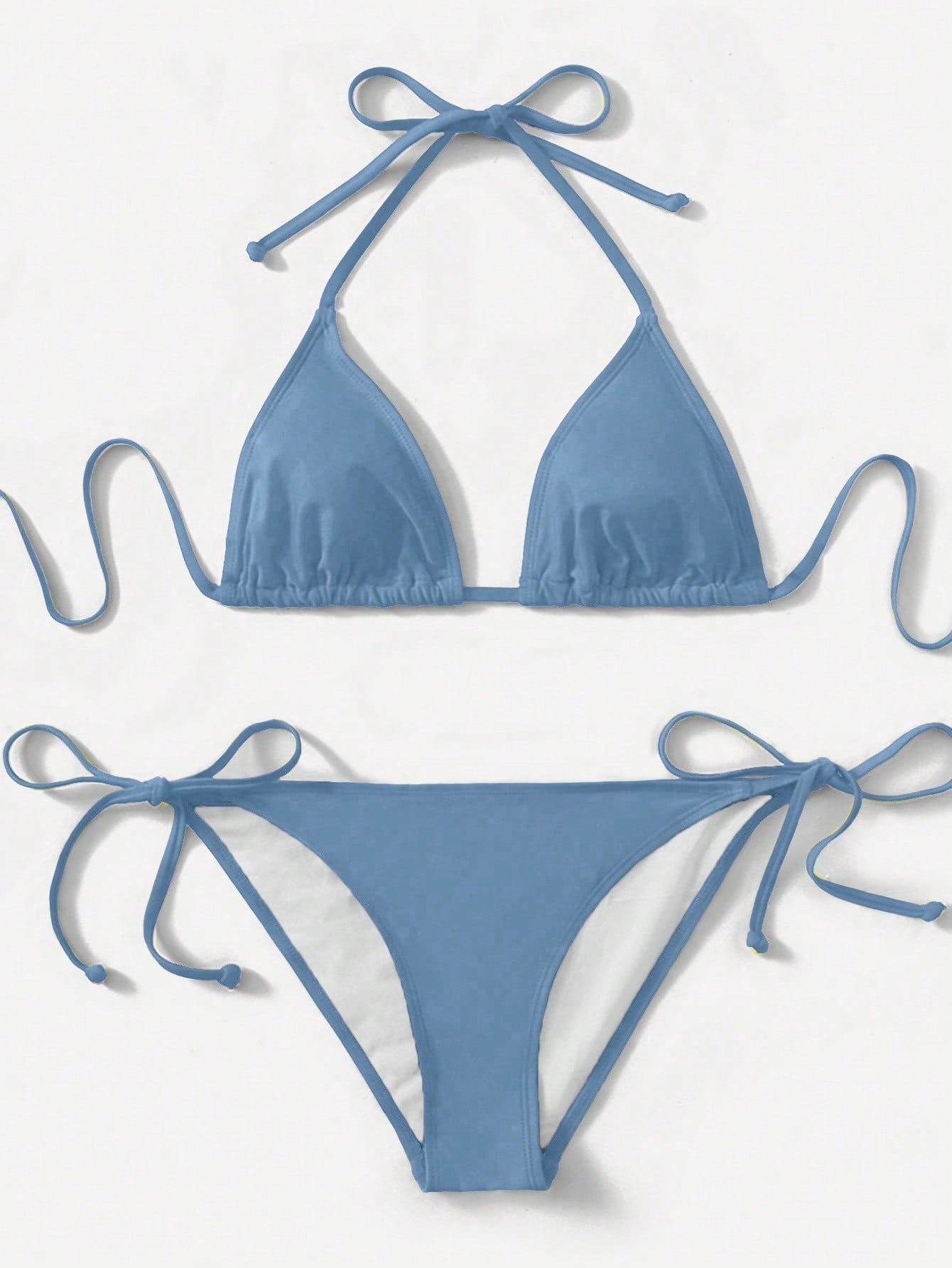 Women's high waist halter tie bikini swimwear set featuring triangle cups, wireless bra with removable padding, and tie side bottoms.