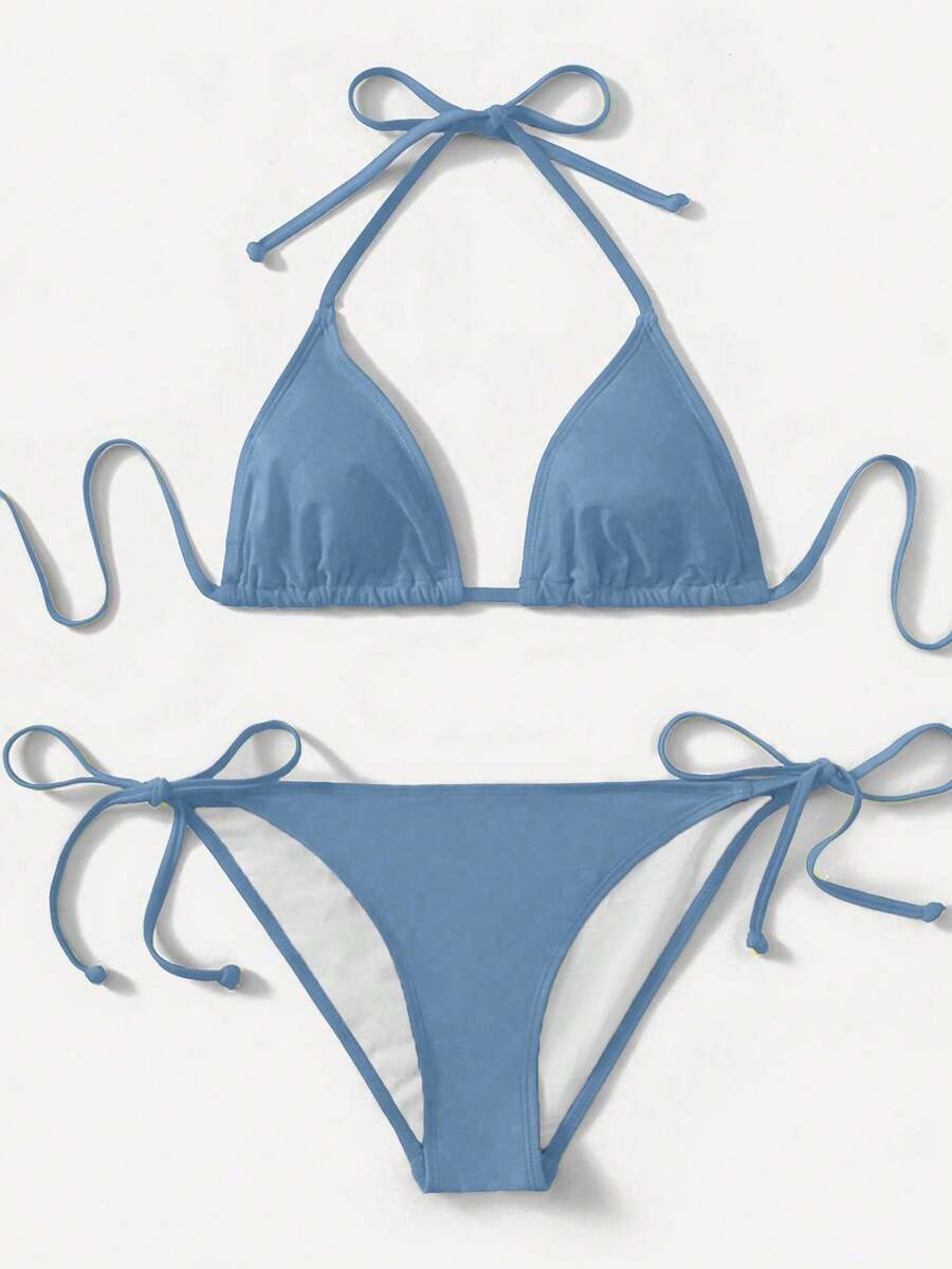 Women's high waist halter tie bikini swimwear set featuring triangle cups, wireless bra with removable padding, and tie side bottoms.