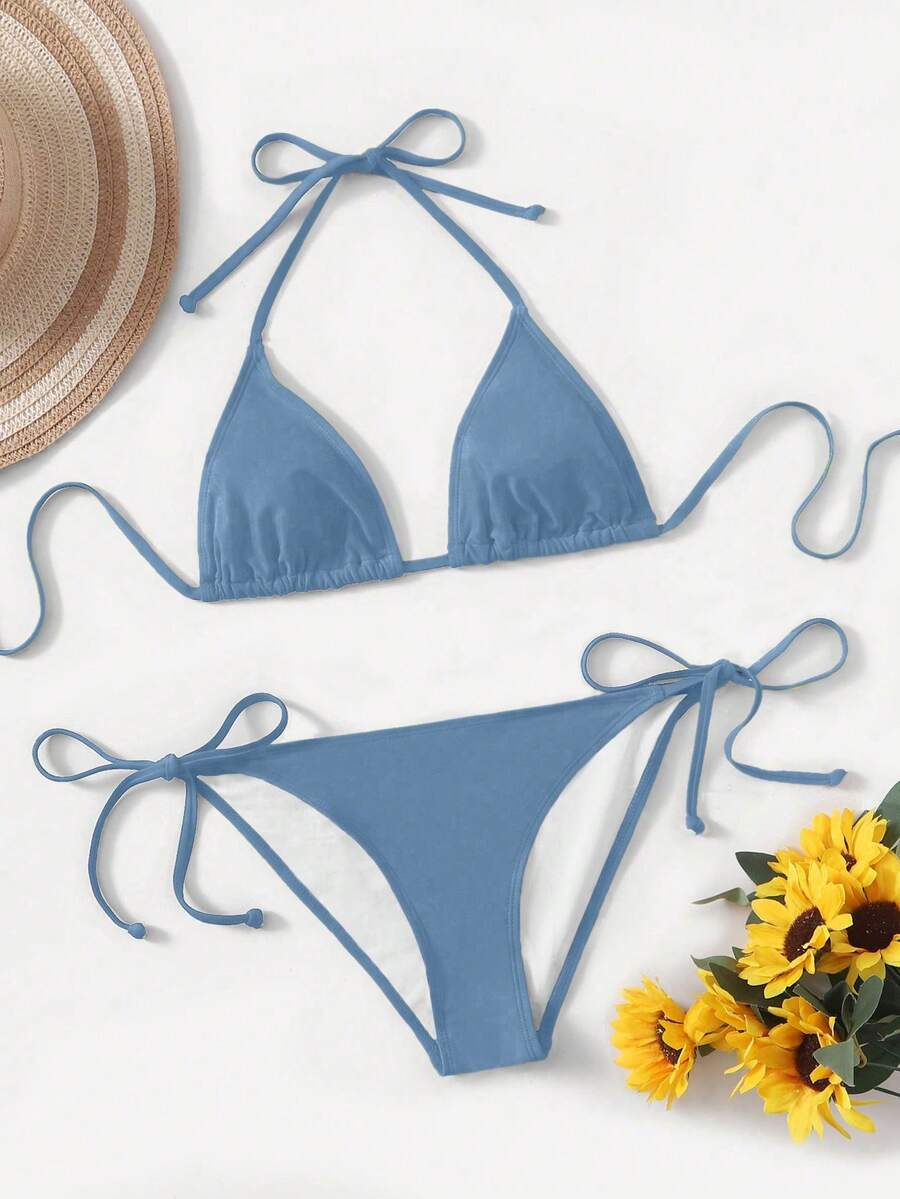 Women's high waist halter tie bikini swimwear set featuring triangle cups, wireless bra with removable padding, and tie side bottoms.