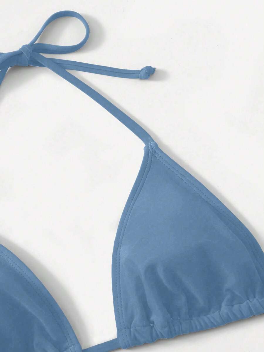 Women's high waist halter tie bikini swimwear set featuring triangle cups, wireless bra with removable padding, and tie side bottoms.