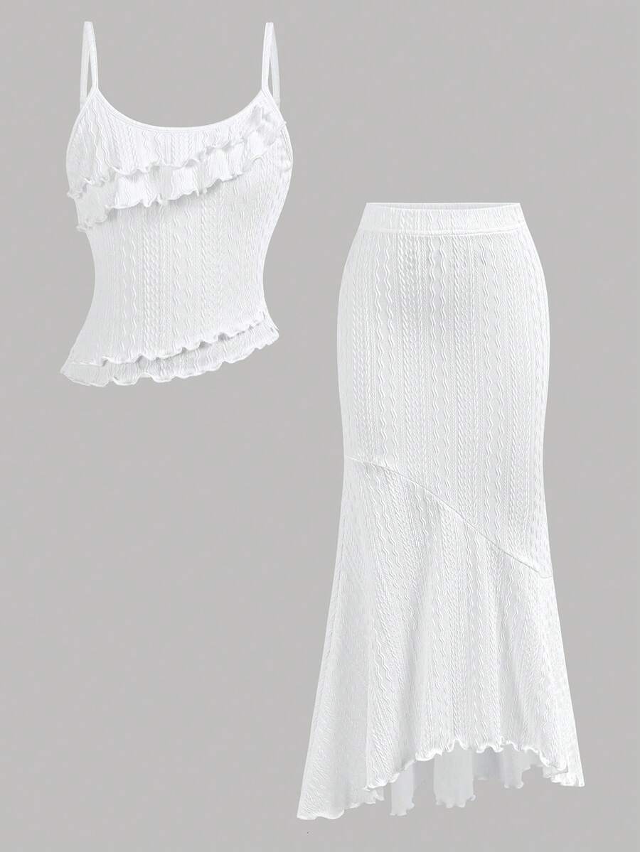 Tween girls blue 2-piece set featuring a short spaghetti strap lace tank top with asymmetrical lettuce trim and a long matching skirt.