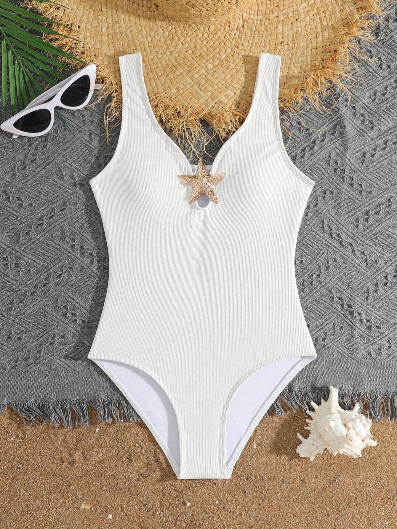 White tween girls one-piece swimsuit with V-neck, cutout detail, appliques, plant pattern, mid-waist bottom, and lined body for beach or swimming