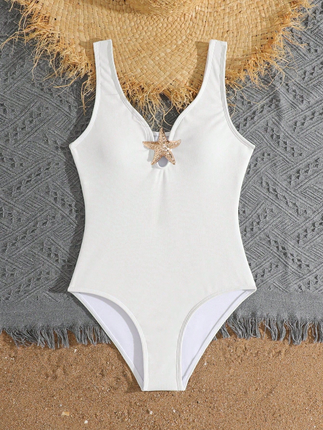 White tween girls one-piece swimsuit with V-neck, cutout detail, appliques, plant pattern, mid-waist bottom, and lined body for beach or swimming