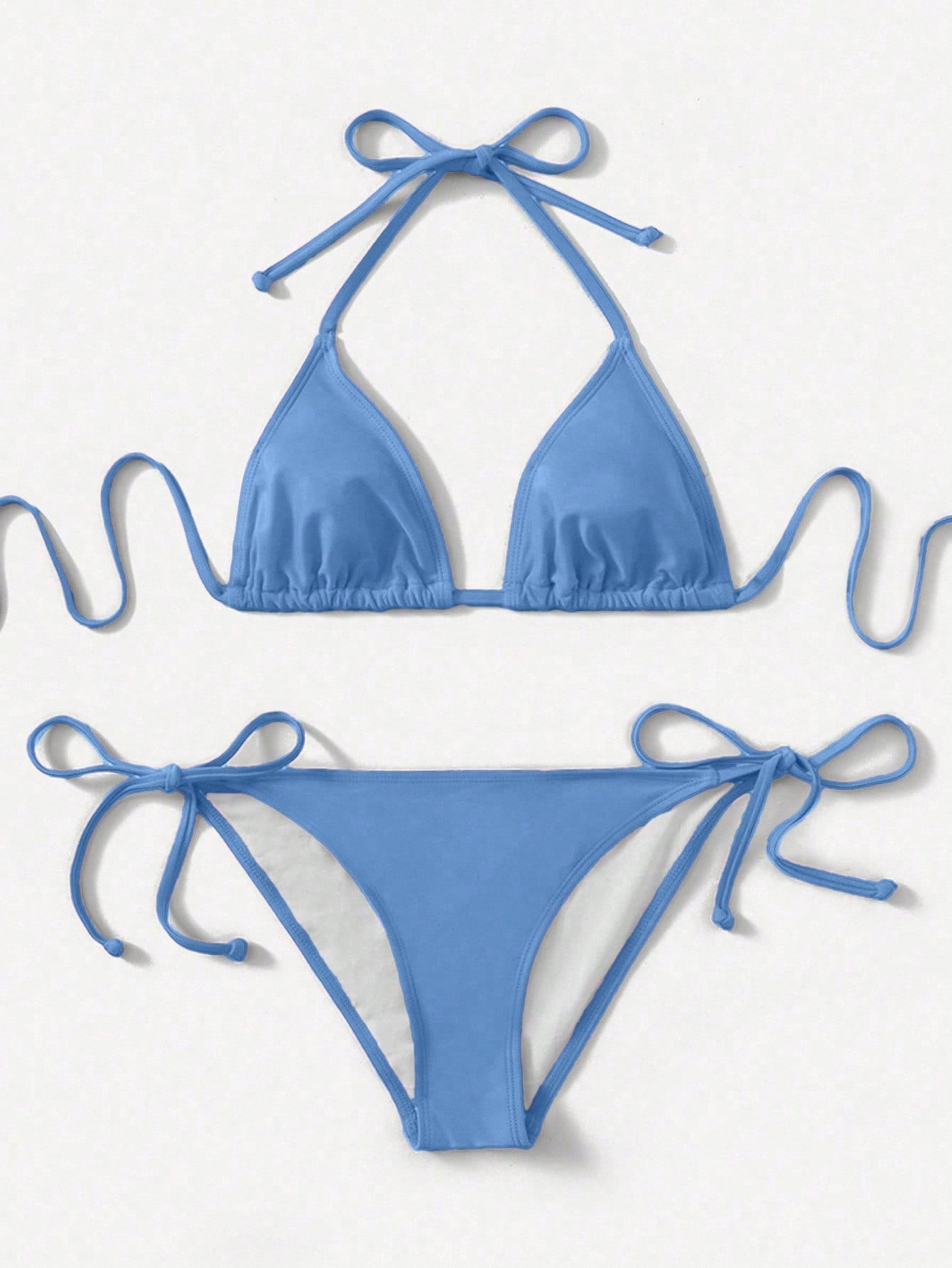 Women's high waist halter tie bikini swimwear set featuring triangle cups, wireless bra with removable padding, and tie side bottoms.