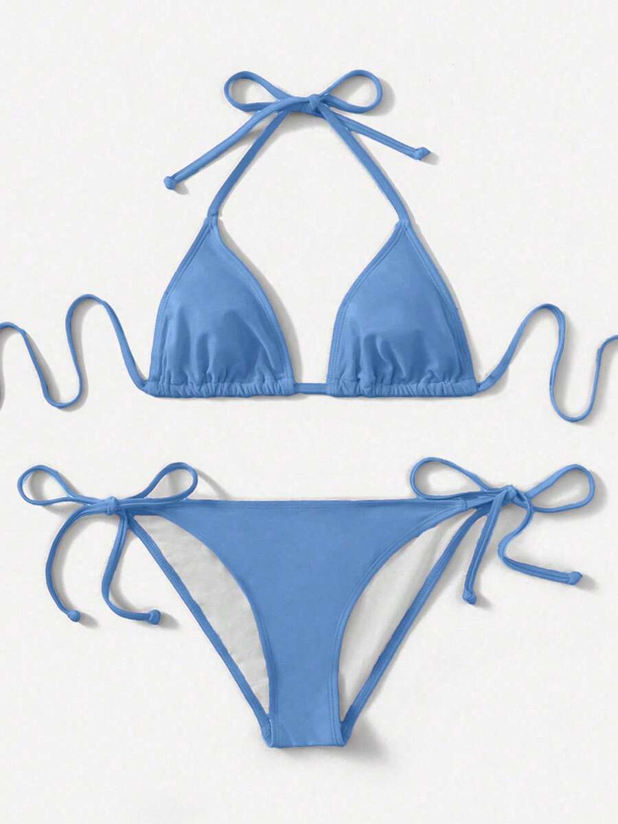 Women's high waist halter tie bikini swimwear set featuring triangle cups, wireless bra with removable padding, and tie side bottoms.