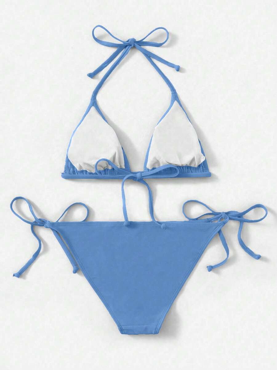 Women's high waist halter tie bikini swimwear set featuring triangle cups, wireless bra with removable padding, and tie side bottoms.