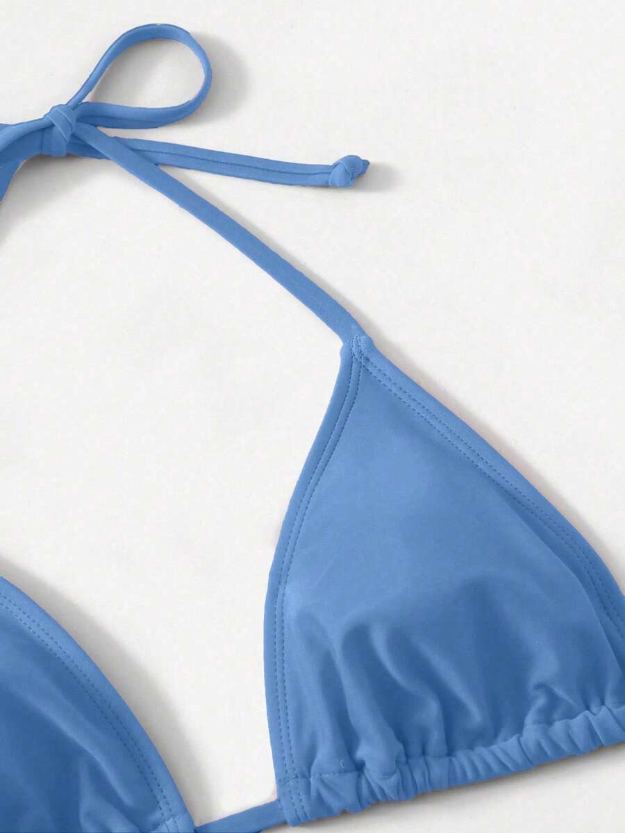 Women's high waist halter tie bikini swimwear set featuring triangle cups, wireless bra with removable padding, and tie side bottoms.