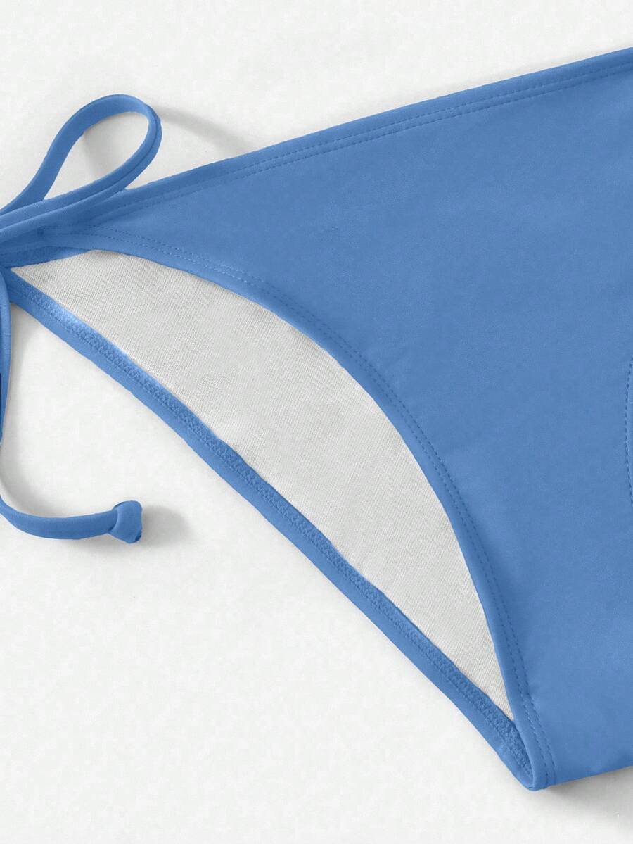 Women's high waist halter tie bikini swimwear set featuring triangle cups, wireless bra with removable padding, and tie side bottoms.