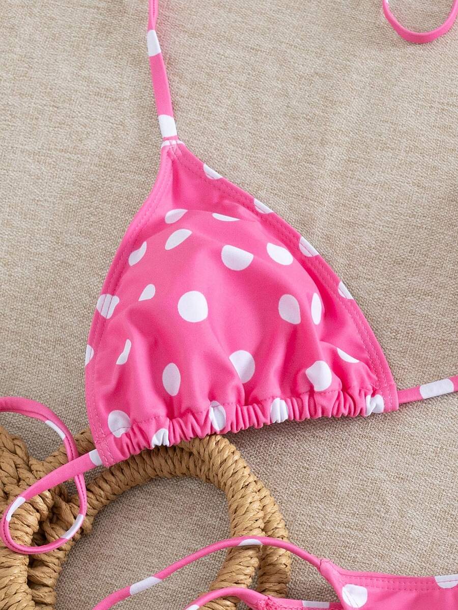 Women's 2-piece halter bikini set featuring geometric print, triangle cups with removable padding, and side tie bikini bottoms