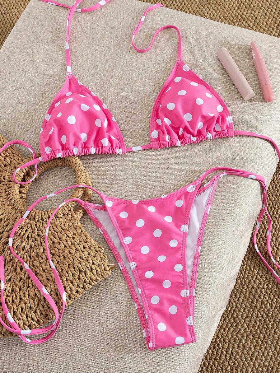 Women's 2-piece halter bikini set featuring geometric print, triangle cups with removable padding, and side tie bikini bottoms