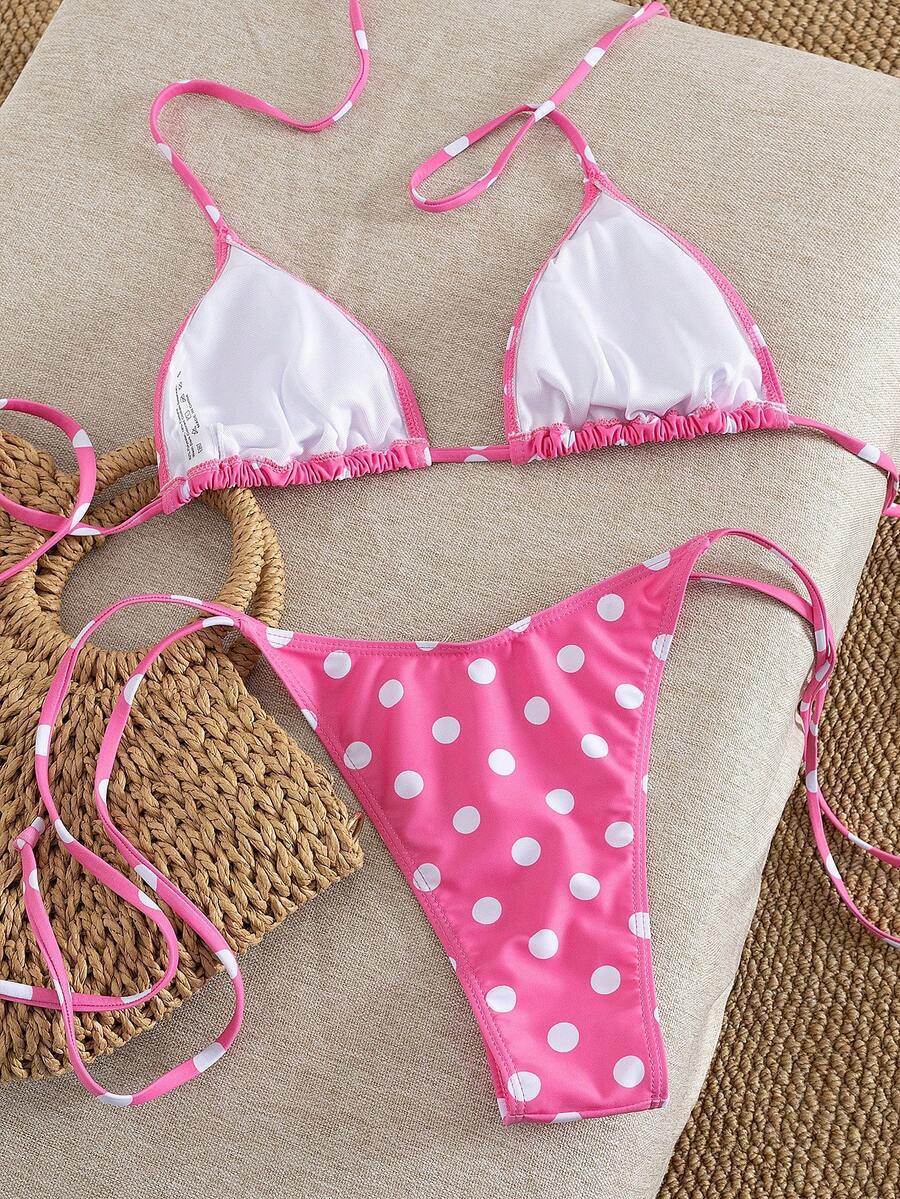 Women's 2-piece halter bikini set featuring geometric print, triangle cups with removable padding, and side tie bikini bottoms