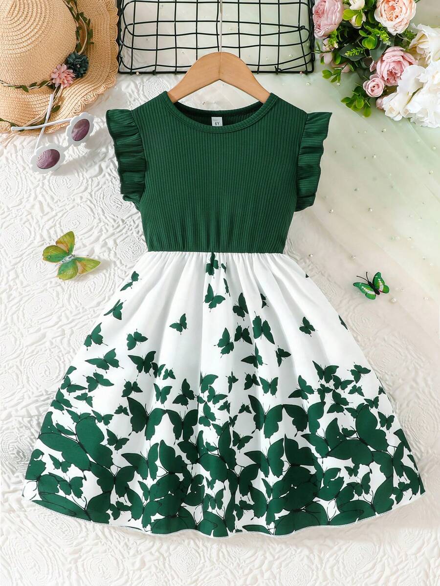 Tween girls blue floral print A-line midi dress featuring round neck, ruffle and contrast mesh details, high waist, and flared hem.