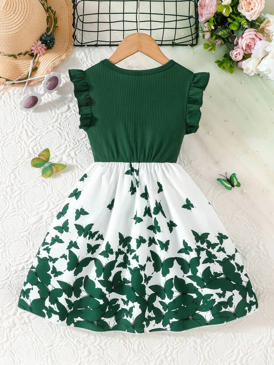 Tween girls blue floral print A-line midi dress featuring round neck, ruffle and contrast mesh details, high waist, and flared hem.