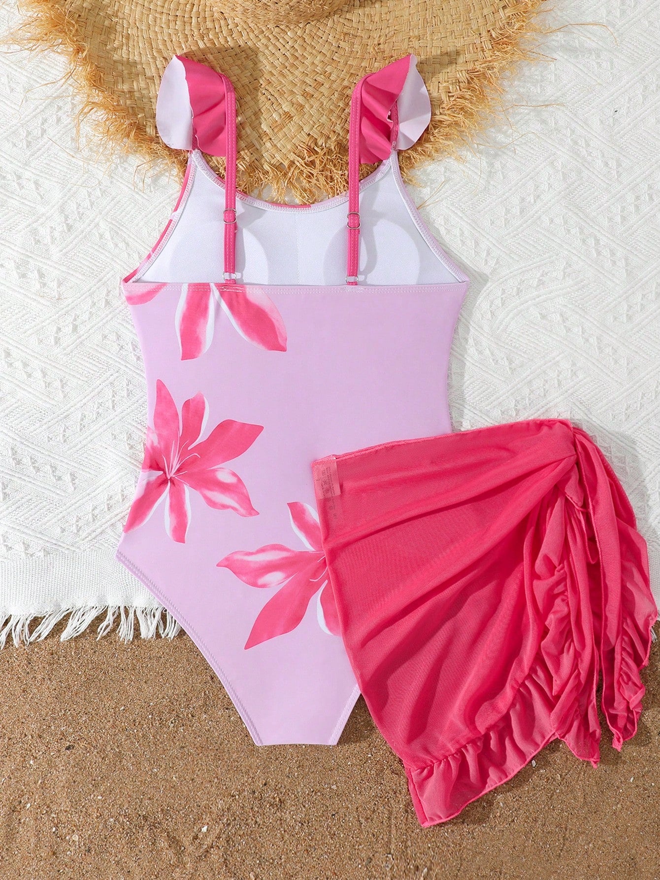 Tween Girls Floral Print One-Piece Swimsuit With Tie-Front Skirt Hibiscus Swimsuit Girls Black With Pink Flower Swimsuit Tween Hawaiian Outfit Black One Piece Bathing Suit With Skirt