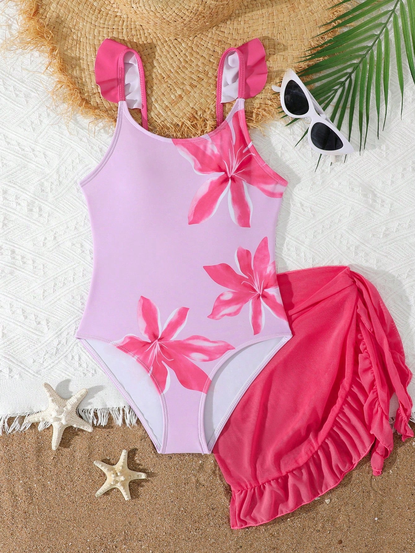 Tween Girls Floral Print One-Piece Swimsuit With Tie-Front Skirt Hibiscus Swimsuit Girls Black With Pink Flower Swimsuit Tween Hawaiian Outfit Black One Piece Bathing Suit With Skirt