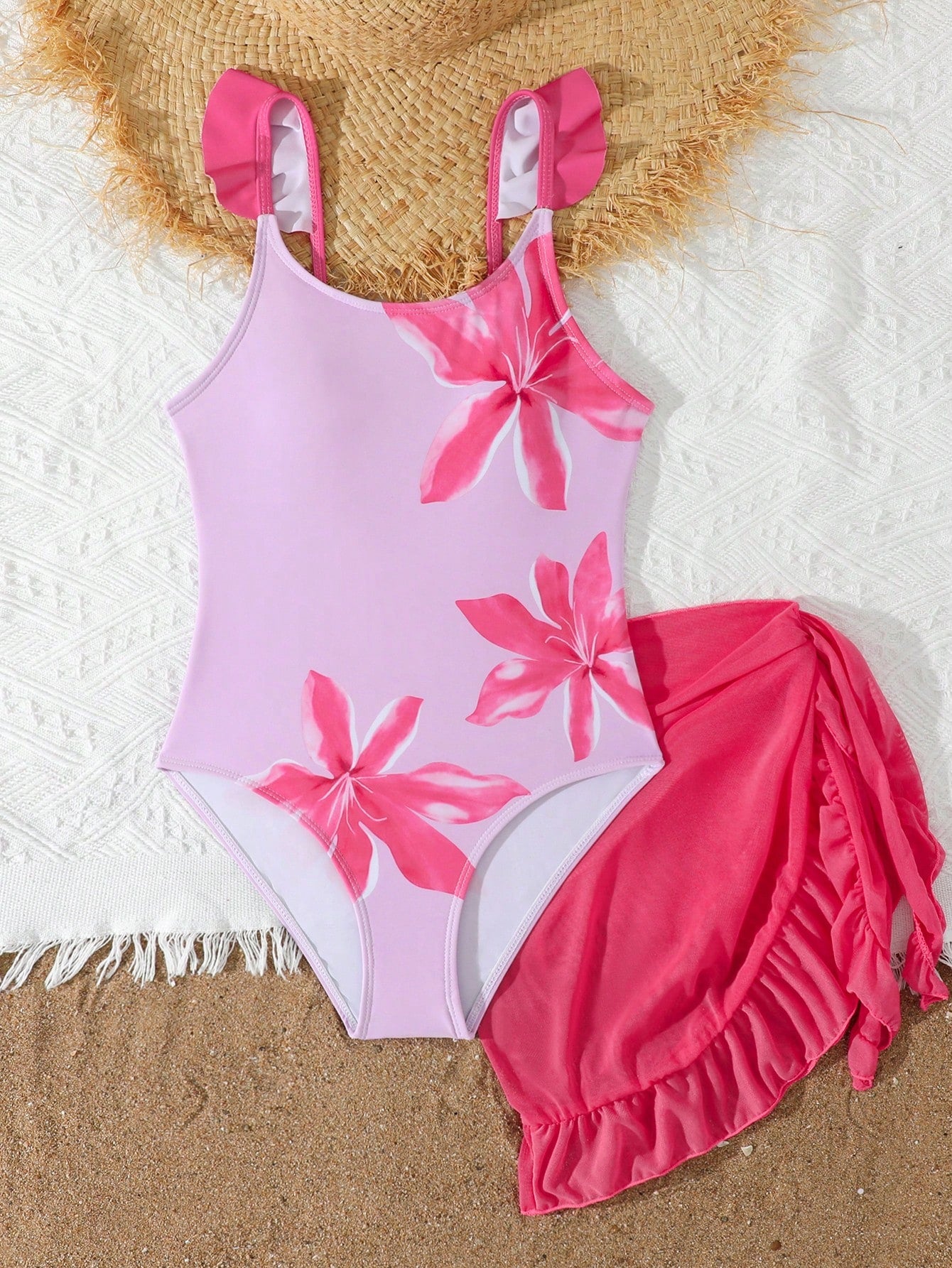 Tween Girls Floral Print One-Piece Swimsuit With Tie-Front Skirt Hibiscus Swimsuit Girls Black With Pink Flower Swimsuit Tween Hawaiian Outfit Black One Piece Bathing Suit With Skirt