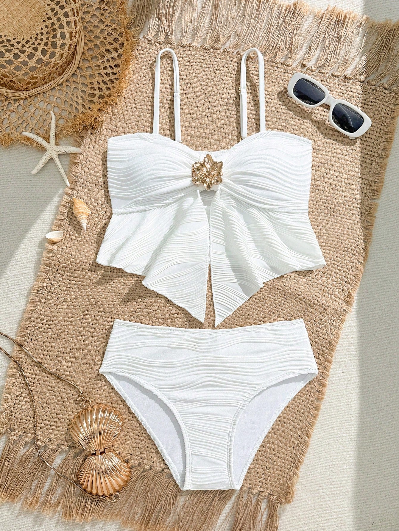 Tween girls 2-piece tankini swimwear set in apricot with a textured jacquard look, asymmetrical spaghetti-strap sleeveless top, and matching mid-waist short bikini bottoms.
