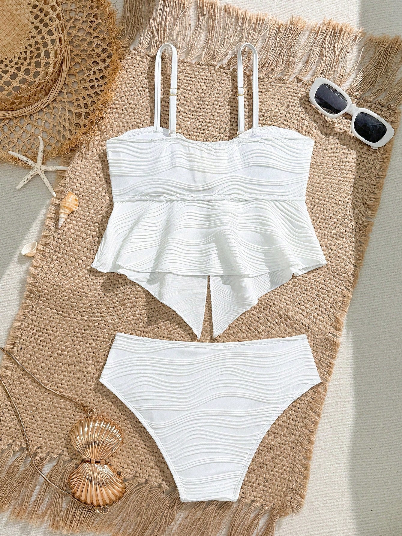 Tween girls 2-piece tankini swimwear set in apricot with a textured jacquard look, asymmetrical spaghetti-strap sleeveless top, and matching mid-waist short bikini bottoms.