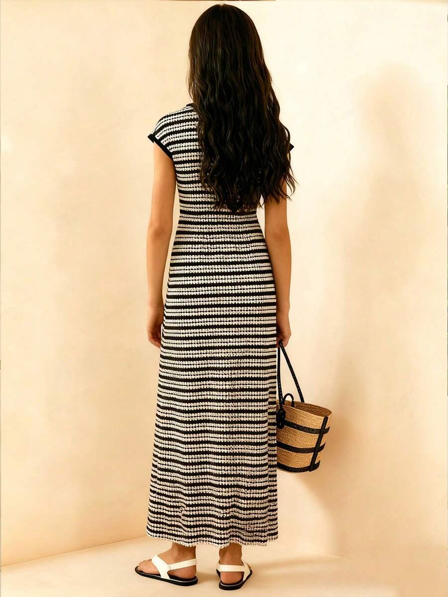 Brown striped knit long dress for tween girls featuring short sleeves, round neck, slim fit, and pencil hem split detail.
