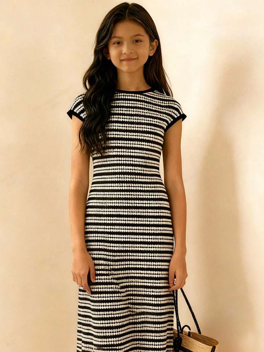 Brown striped knit long dress for tween girls featuring short sleeves, round neck, slim fit, and pencil hem split detail.