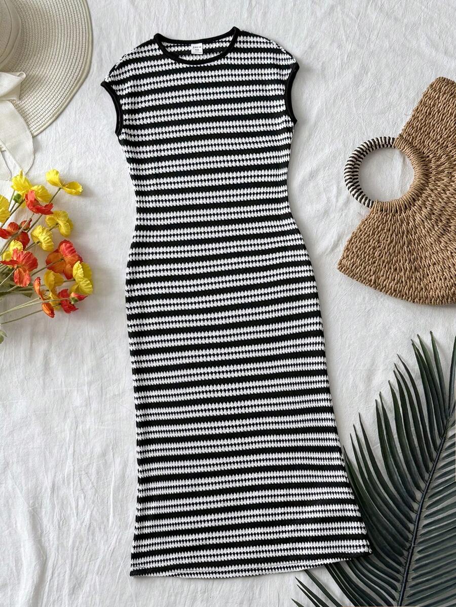 Brown striped knit long dress for tween girls featuring short sleeves, round neck, slim fit, and pencil hem split detail.