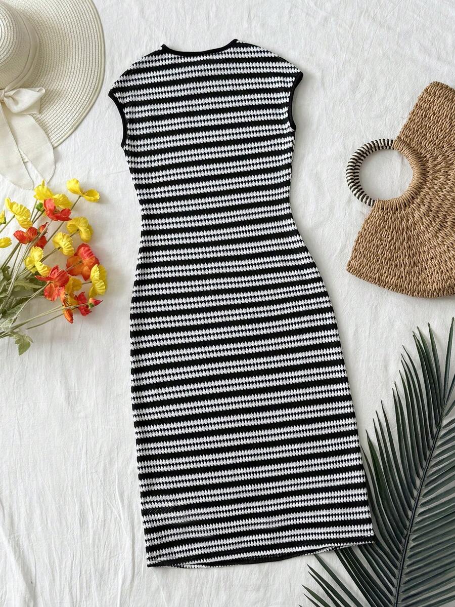 Brown striped knit long dress for tween girls featuring short sleeves, round neck, slim fit, and pencil hem split detail.