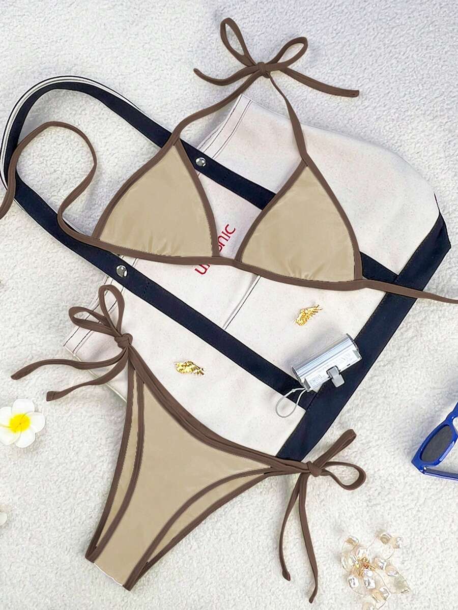 Women's apricot solid halter tie bikini top with triangle cups and matching tie-side swimsuit bottoms.