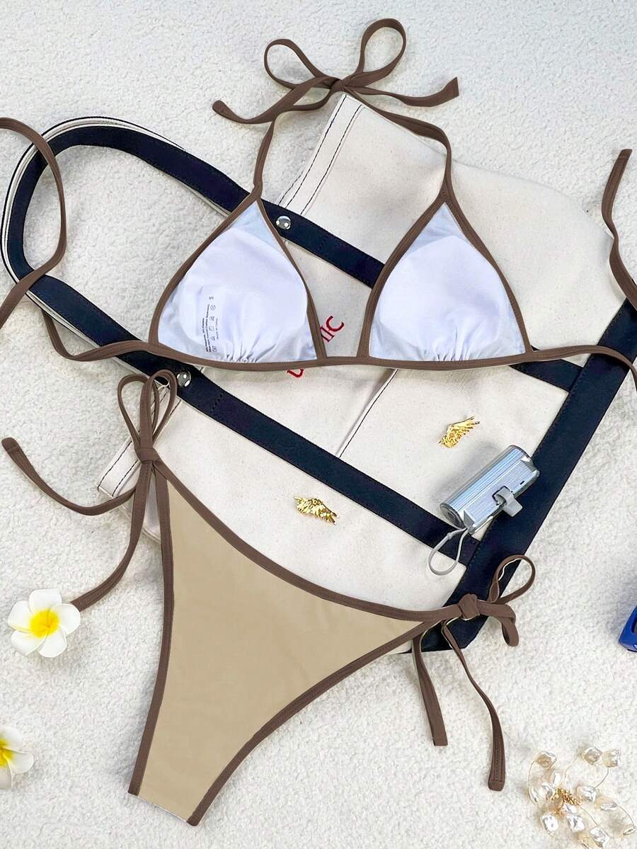 Women's apricot solid halter tie bikini top with triangle cups and matching tie-side swimsuit bottoms.