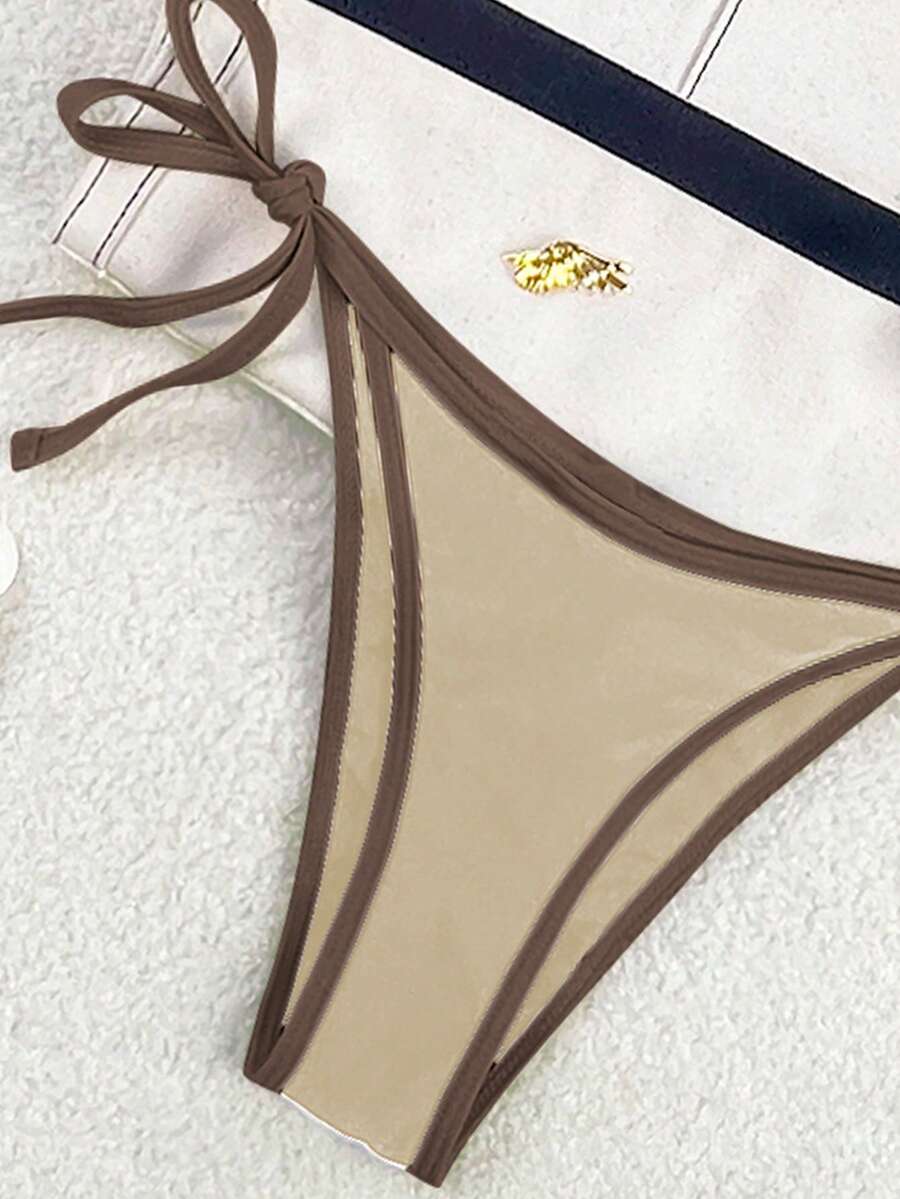 Women's apricot solid halter tie bikini top with triangle cups and matching tie-side swimsuit bottoms.