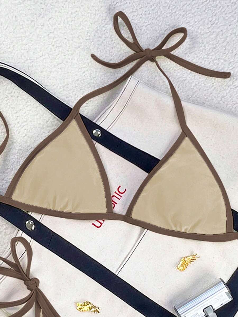 Women's apricot solid halter tie bikini top with triangle cups and matching tie-side swimsuit bottoms.