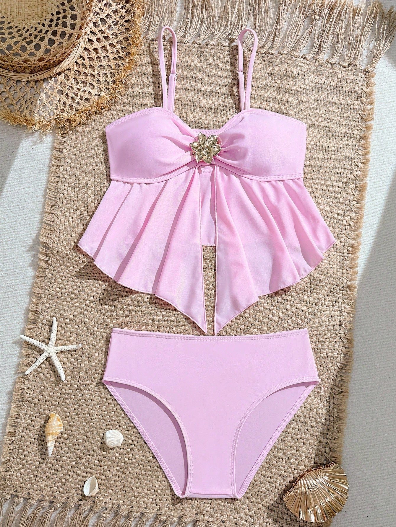 Tween girls 2-piece tankini swimwear set in apricot with a textured jacquard look, asymmetrical spaghetti-strap sleeveless top, and matching mid-waist short bikini bottoms.