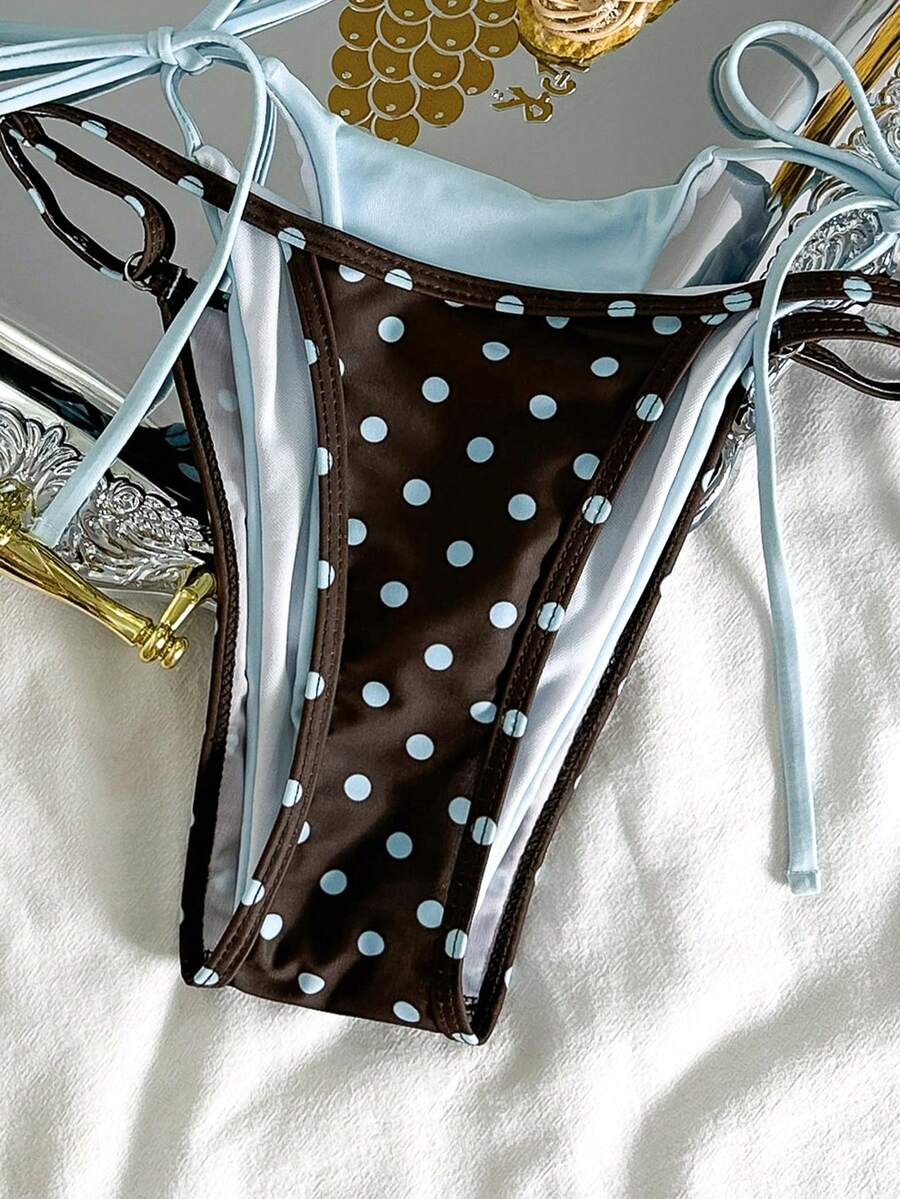 Women's retro polka dot high waist bikini swimsuit set with spaghetti straps and knot tie-back top.
