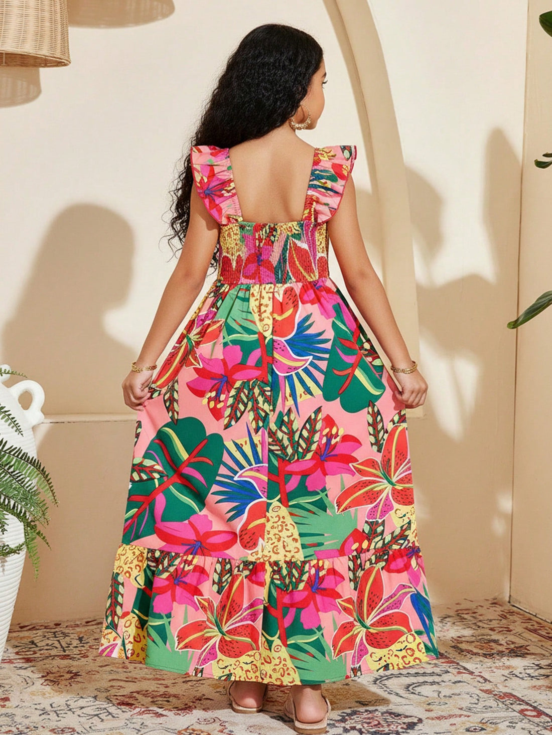 Hot pink girls floral midi dress with square neck, ruffle details, shirred accents, zipper closure, high waist A-line silhouette, and flounce hem by LocalTravachic.