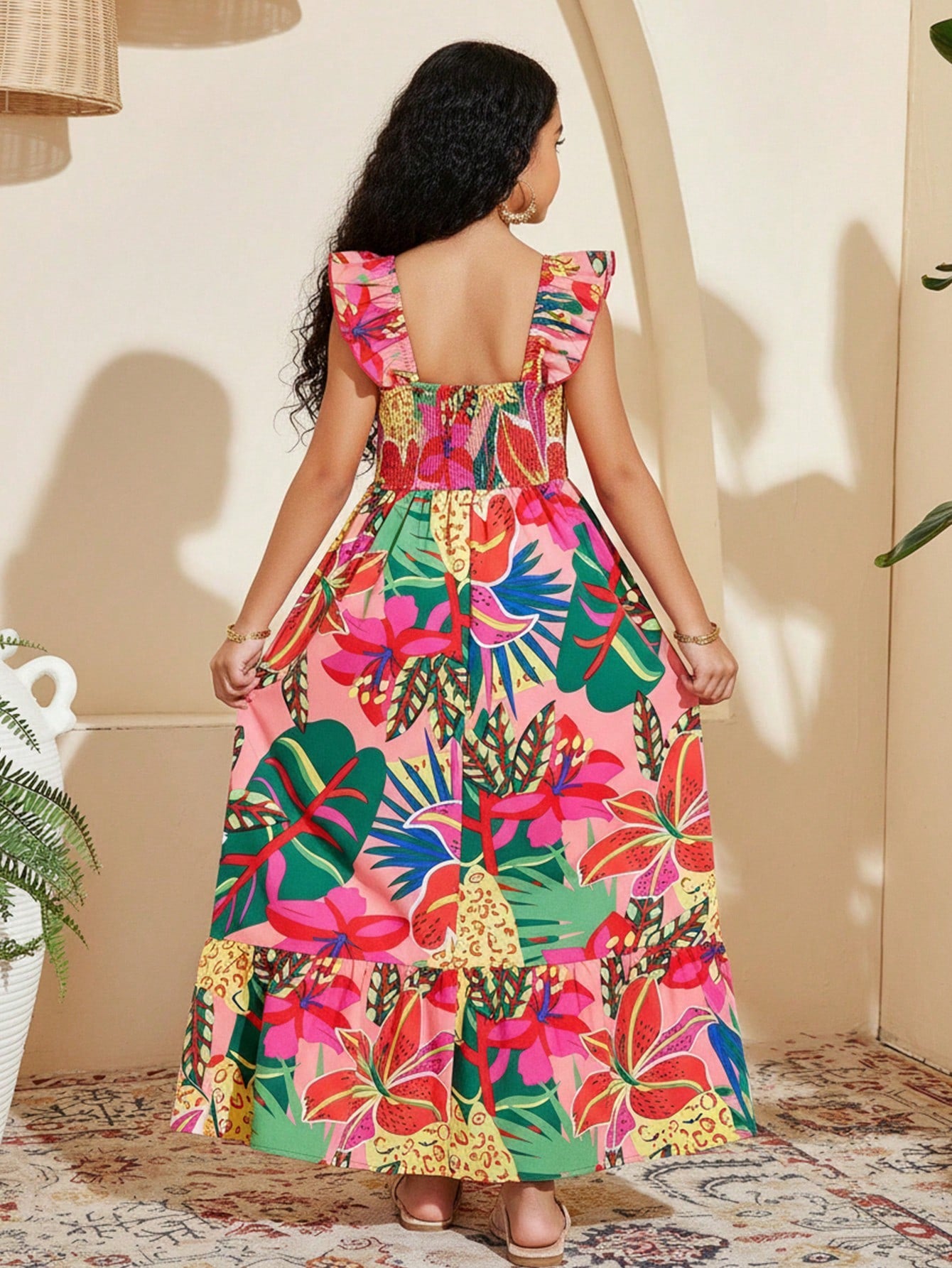 Hot pink girls floral midi dress with square neck, ruffle details, shirred accents, zipper closure, high waist A-line silhouette, and flounce hem by LocalTravachic.