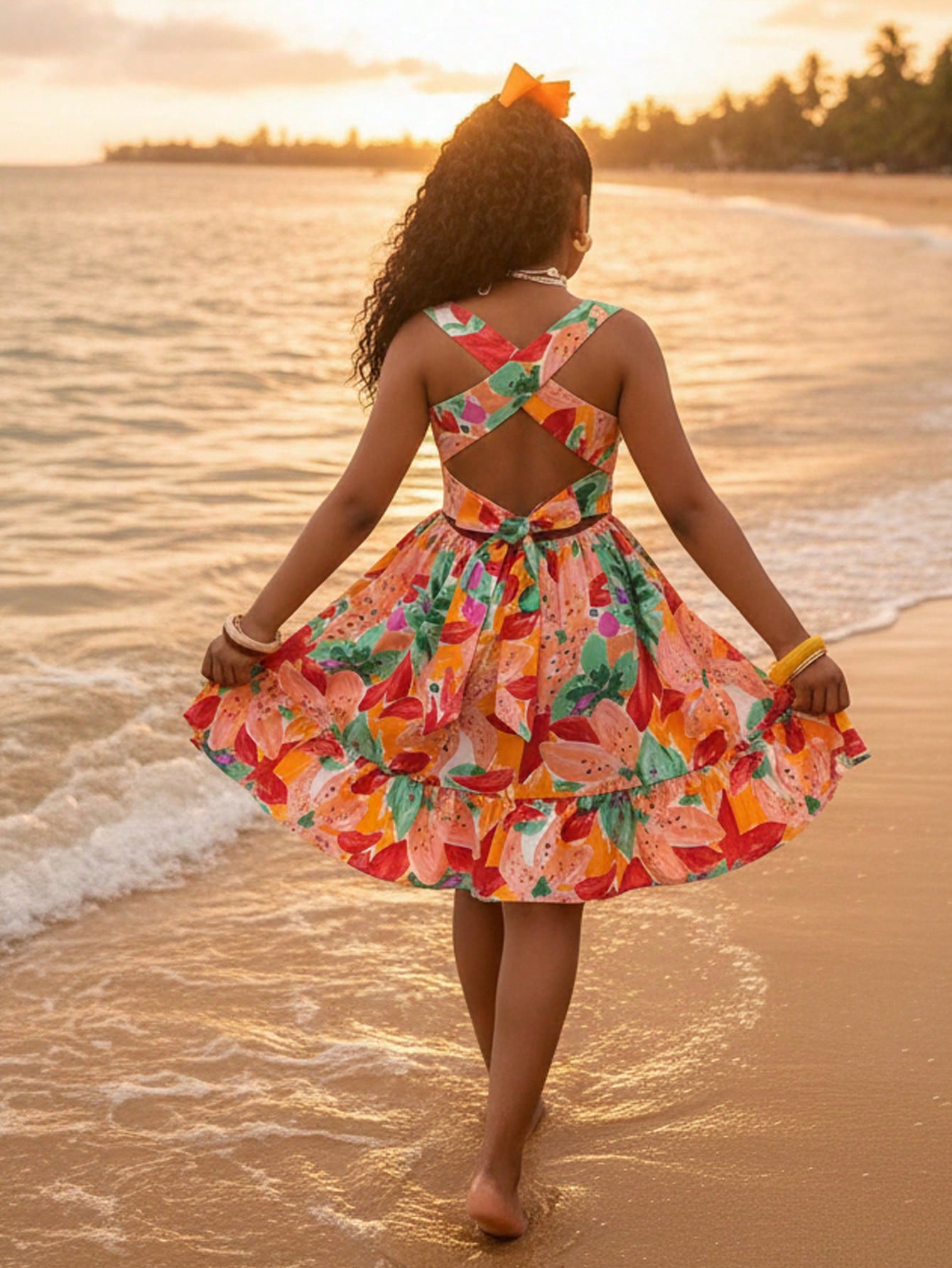 Tween girls multicolor tropical fruit and vegetable print short cami dress with spaghetti straps, bowknot belt detail, high waist, cut-out styling, and flared hem.