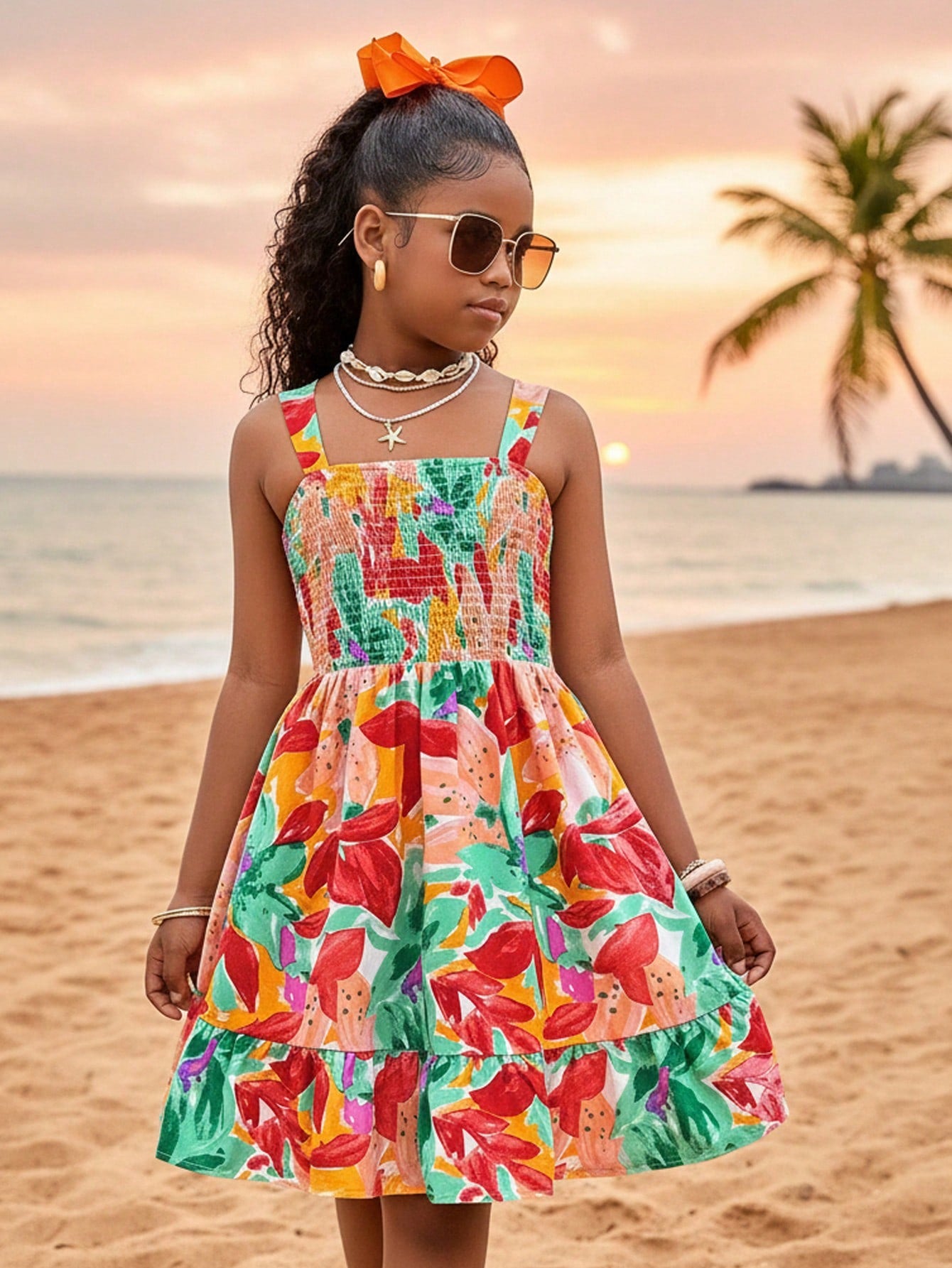 Tween girls multicolor tropical fruit and vegetable print short cami dress with spaghetti straps, bowknot belt detail, high waist, cut-out styling, and flared hem.