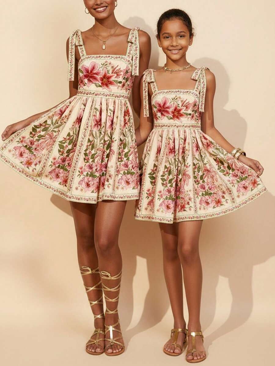 Girls multicolor floral print sundress with spaghetti straps, ruffle details, shirred accents, high waist, and flared A-line hem for vacation and everyday wear.