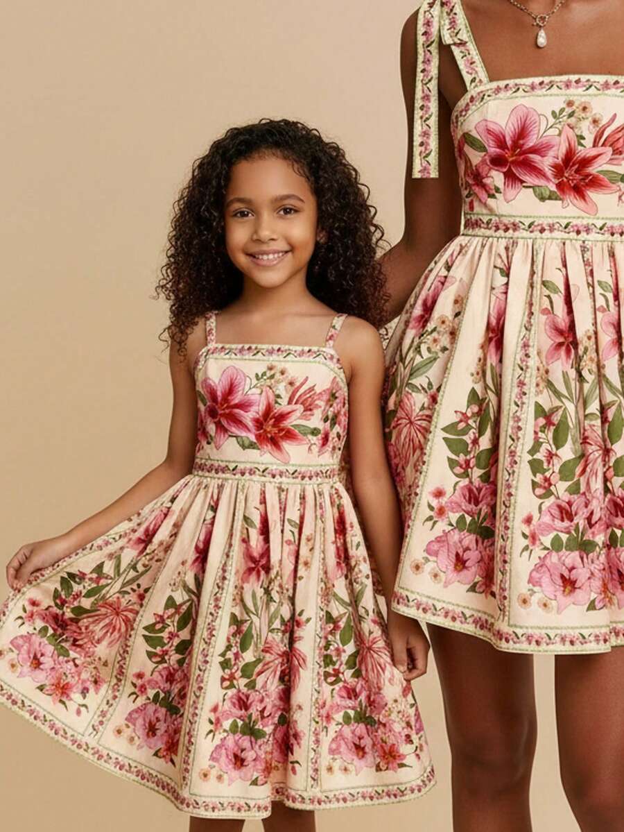 Girls multicolor floral print sundress with spaghetti straps, ruffle details, shirred accents, high waist, and flared A-line hem for vacation and everyday wear.