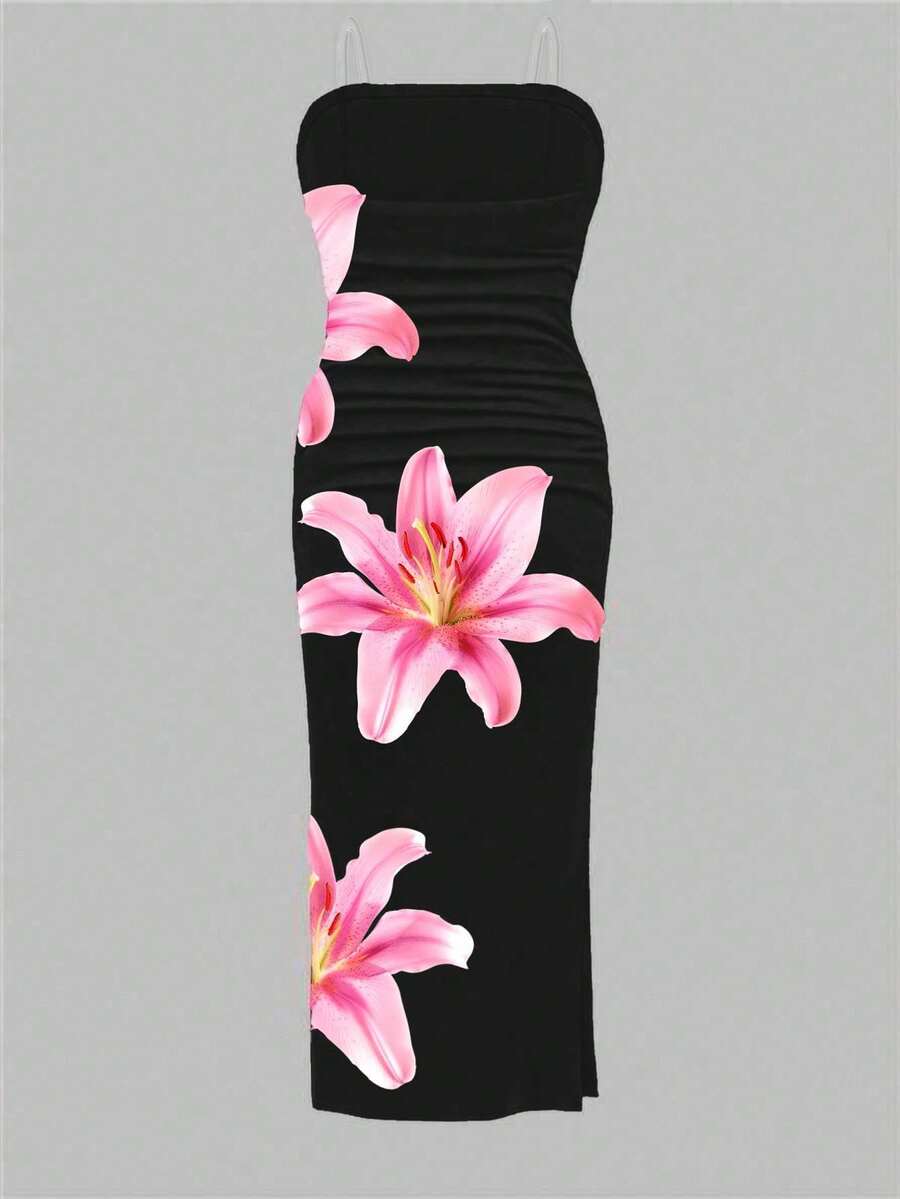 Tween girl sleeveless cami midi dress with strapless neckline, plant pattern, slim fit, natural waist, and slit hem in a multicolor vacation style.