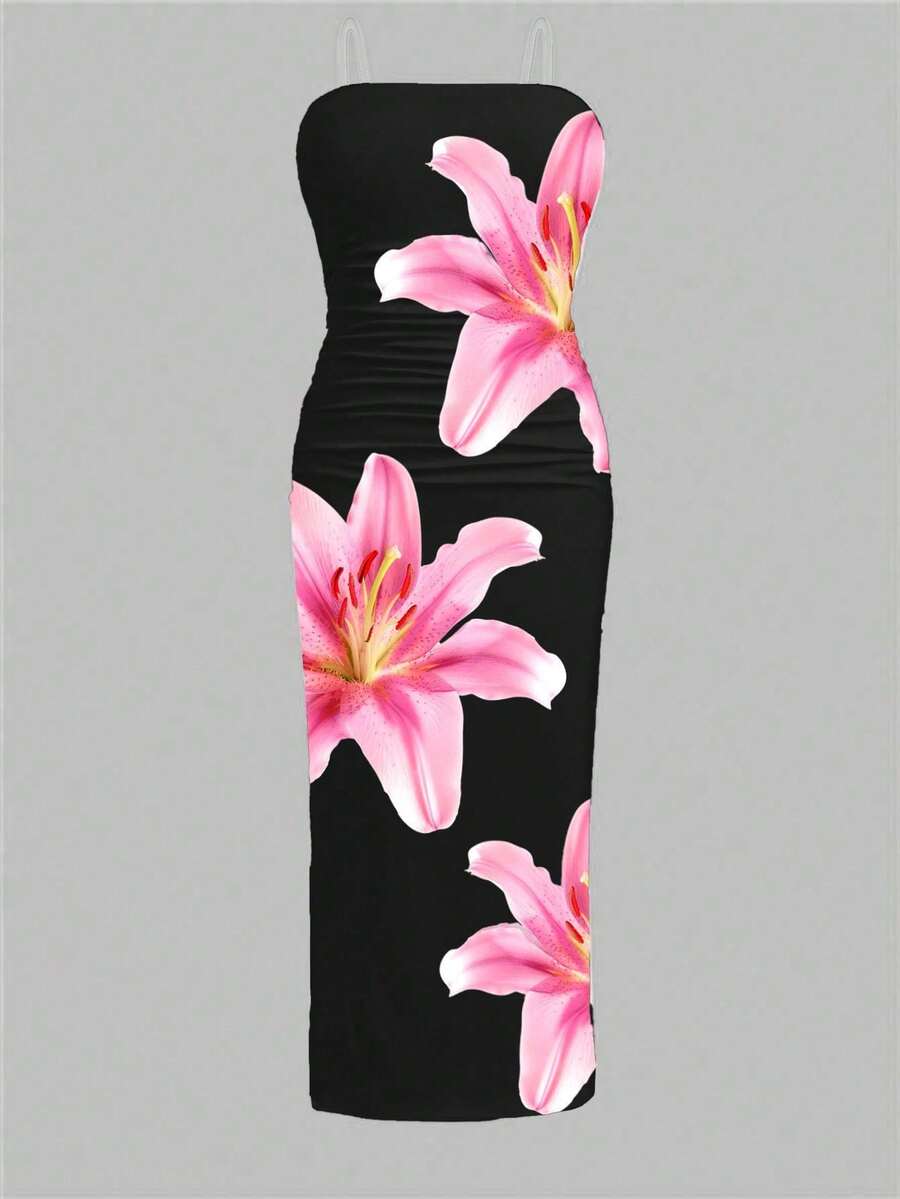 Tween girl sleeveless cami midi dress with strapless neckline, plant pattern, slim fit, natural waist, and slit hem in a multicolor vacation style.