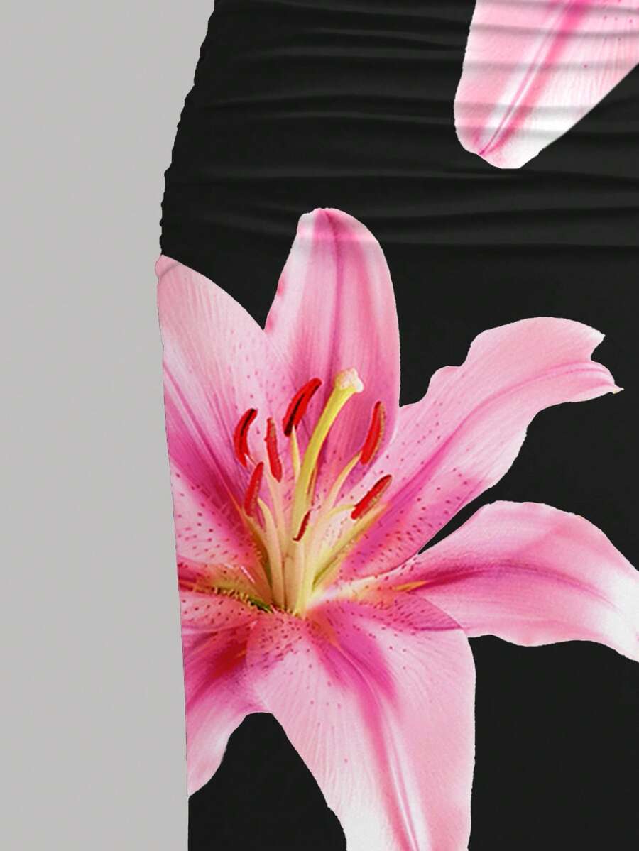 Tween girl sleeveless cami midi dress with strapless neckline, plant pattern, slim fit, natural waist, and slit hem in a multicolor vacation style.