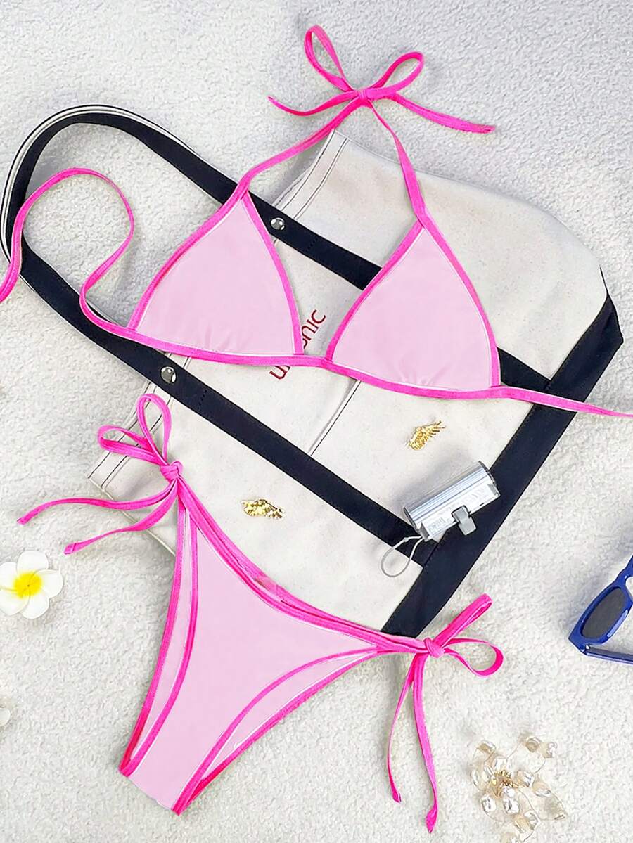 Women's apricot solid halter tie bikini top with triangle cups and matching tie-side swimsuit bottoms.