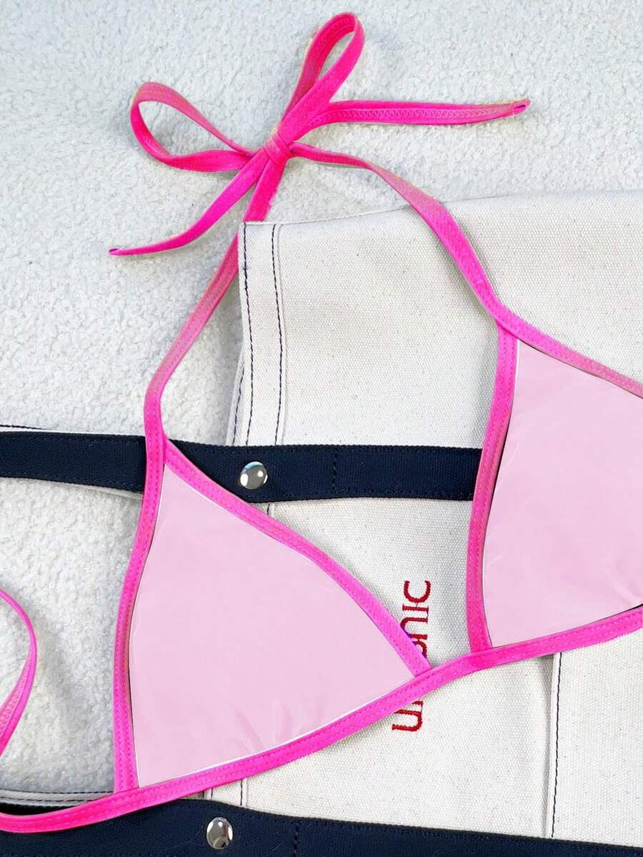 Women's apricot solid halter tie bikini top with triangle cups and matching tie-side swimsuit bottoms.