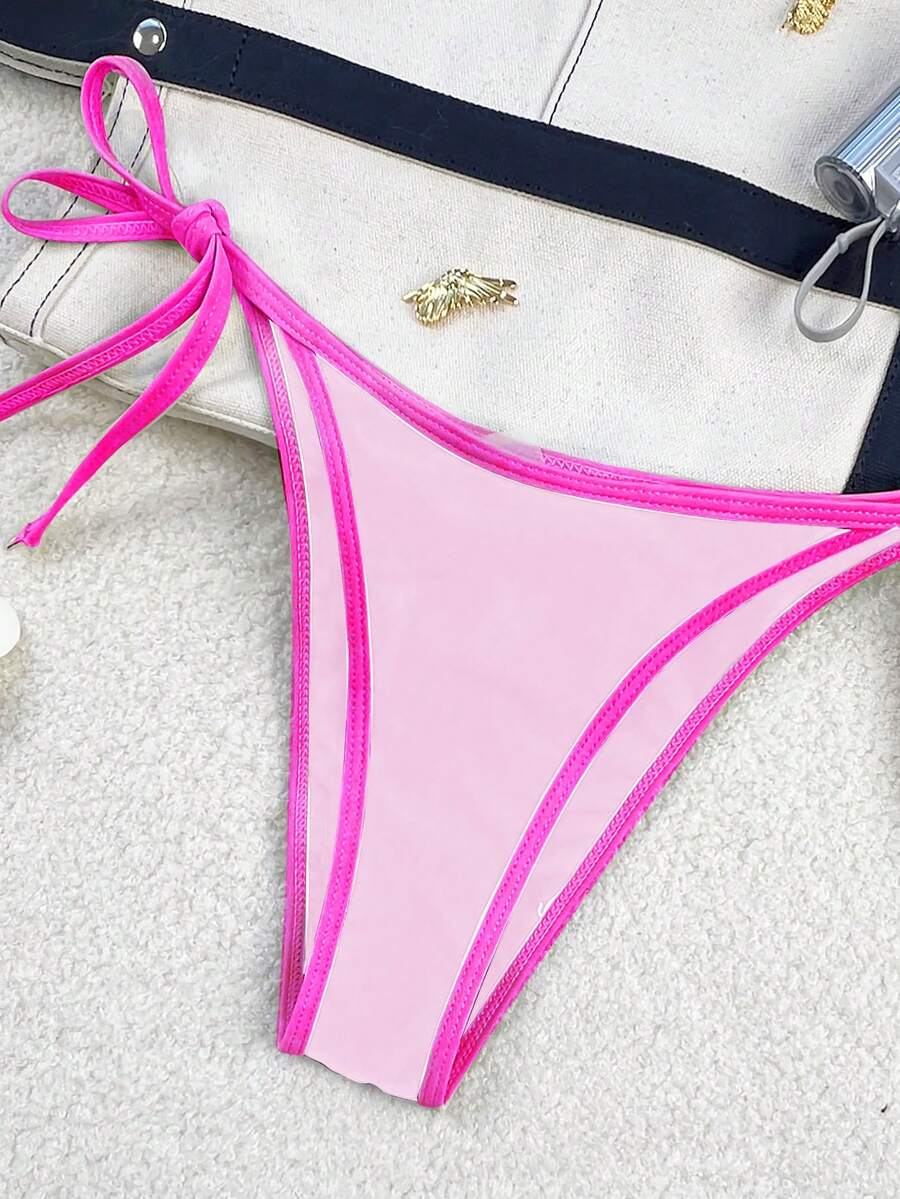 Women's apricot solid halter tie bikini top with triangle cups and matching tie-side swimsuit bottoms.