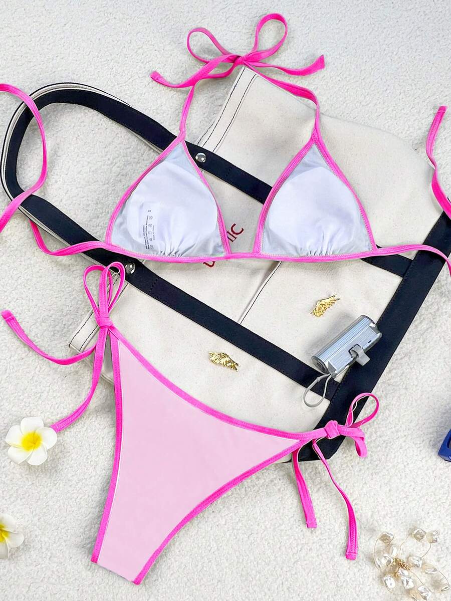 Women's apricot solid halter tie bikini top with triangle cups and matching tie-side swimsuit bottoms.