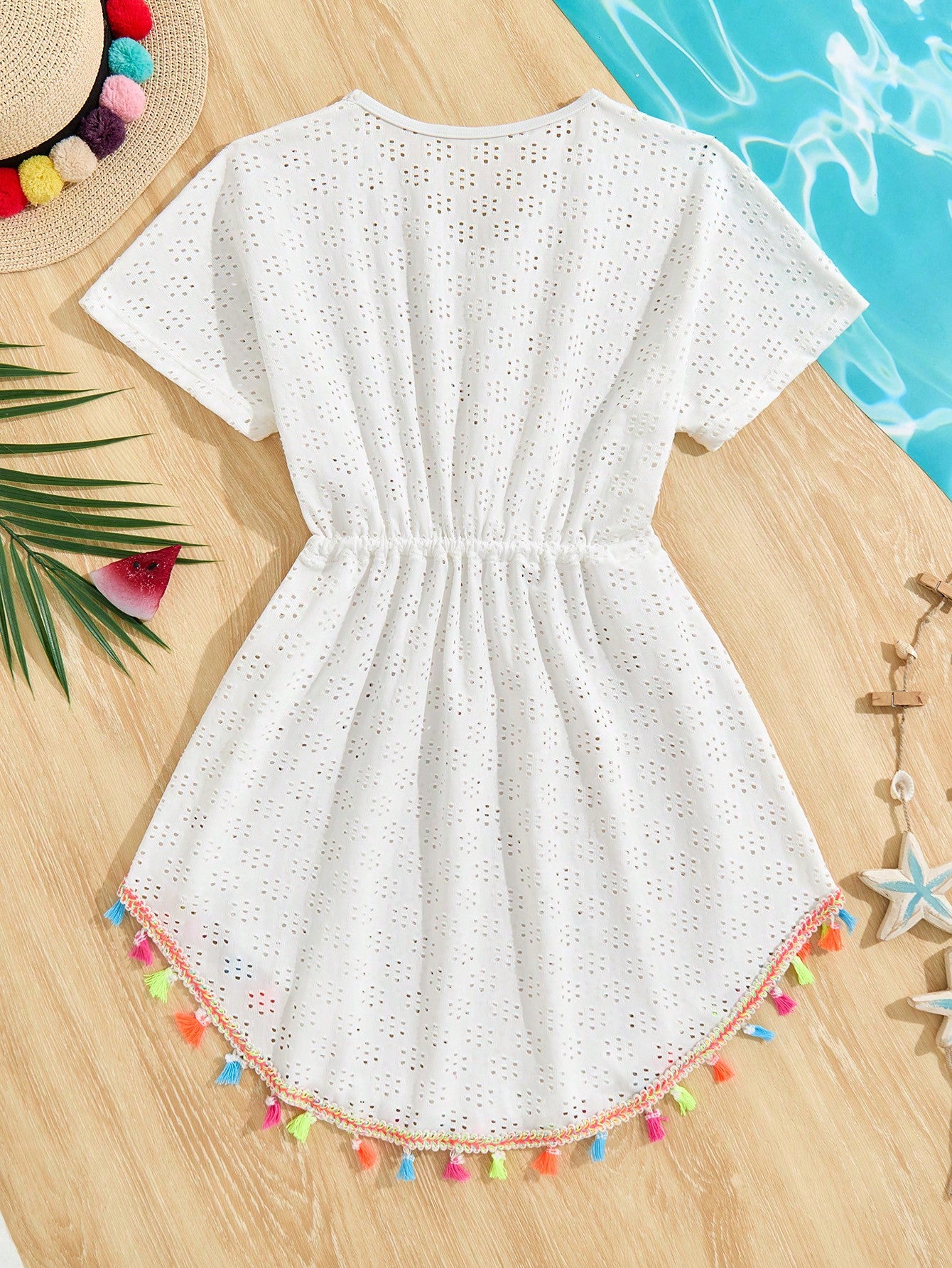 White tween girls V-neck short sleeve beach cover up with fringe decor, belted detail, zipper accent, and regular length summer holiday style
