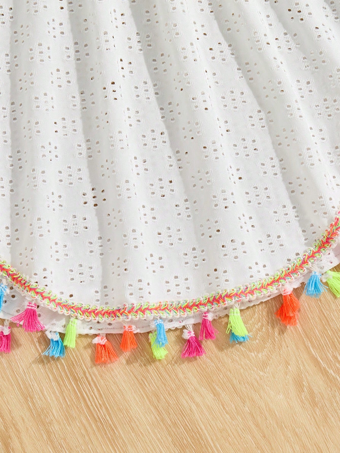 White tween girls V-neck short sleeve beach cover up with fringe decor, belted detail, zipper accent, and regular length summer holiday style