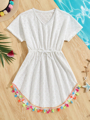 White tween girls V-neck short sleeve beach cover up with fringe decor, belted detail, zipper accent, and regular length summer holiday style