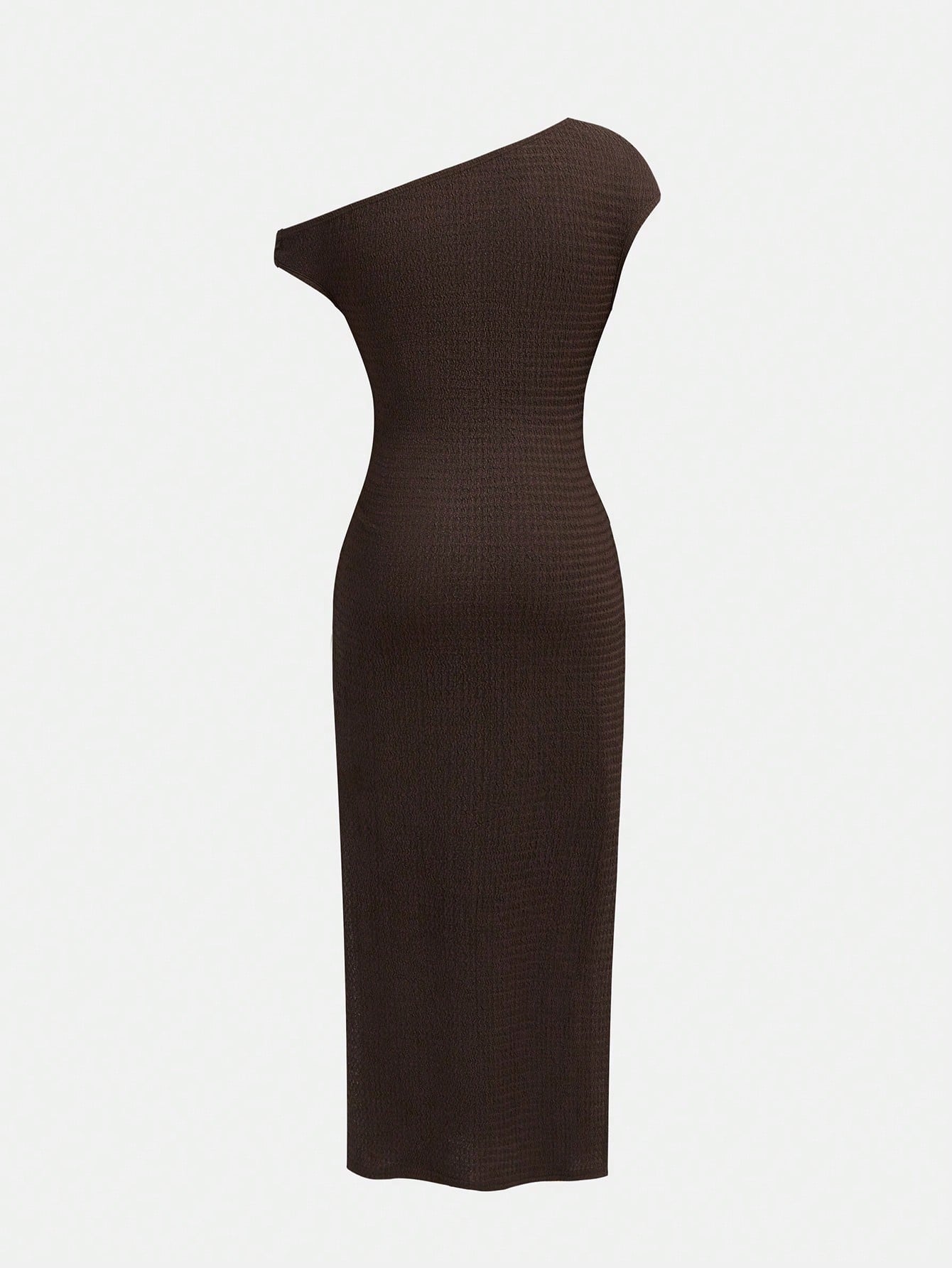 Tween girls sleeveless bodycon dress with asymmetrical neckline, ruched slim fit design, split detail, and long pencil hem in a plain everyday casual style.